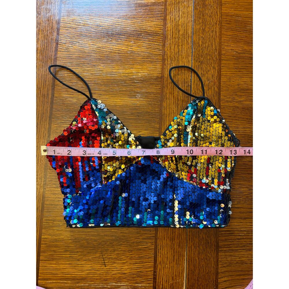 NWT SHEIN Colorblock Sequin V-Neck Cami Crop Top XS Party Festival Club - Picture 6 of 10